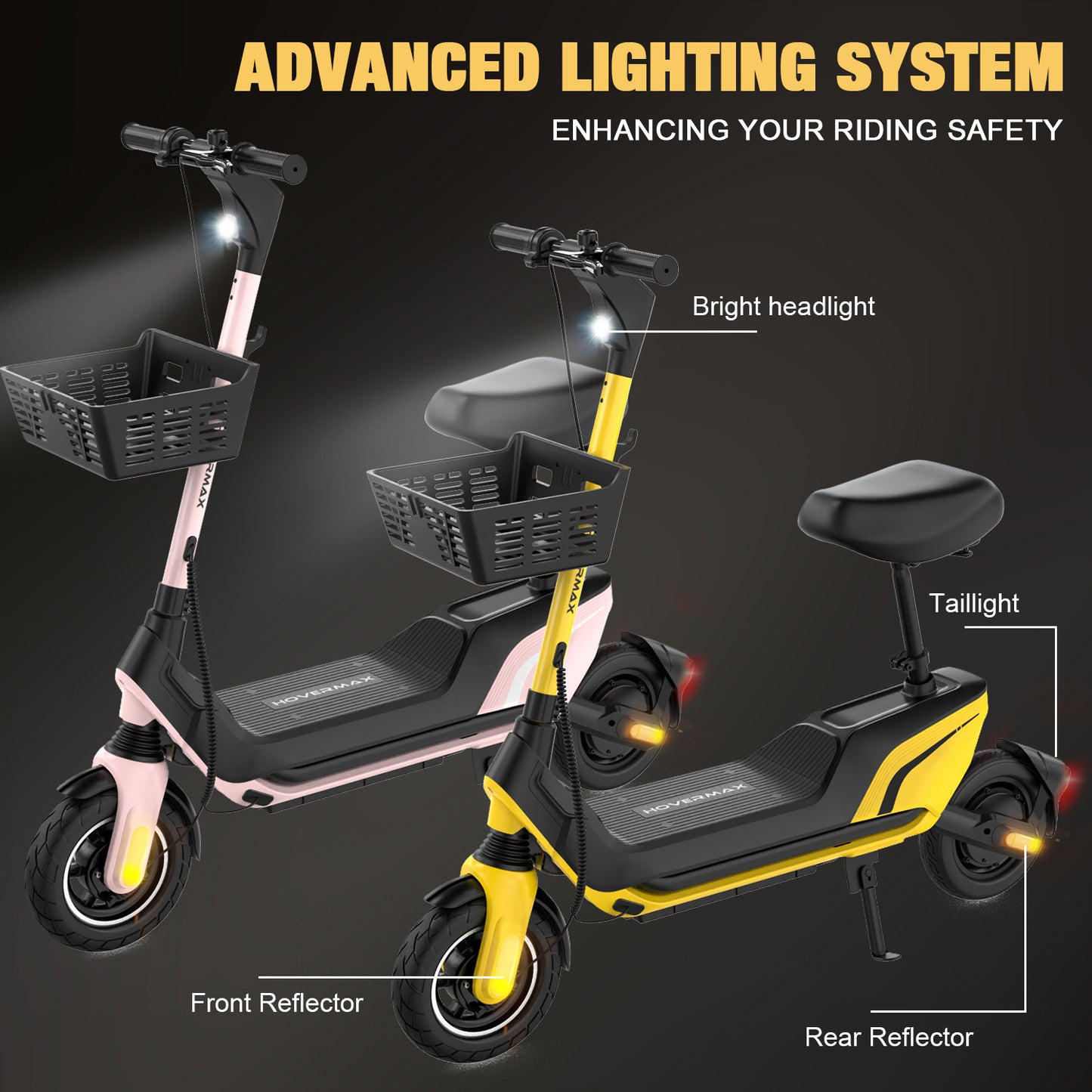 HOVERMAX H10G 500W Scooter électrique avec siège, 22 mi/h, 28 miles gamme, 10 "pneus, scooter de banlieue avec panier pour adultes