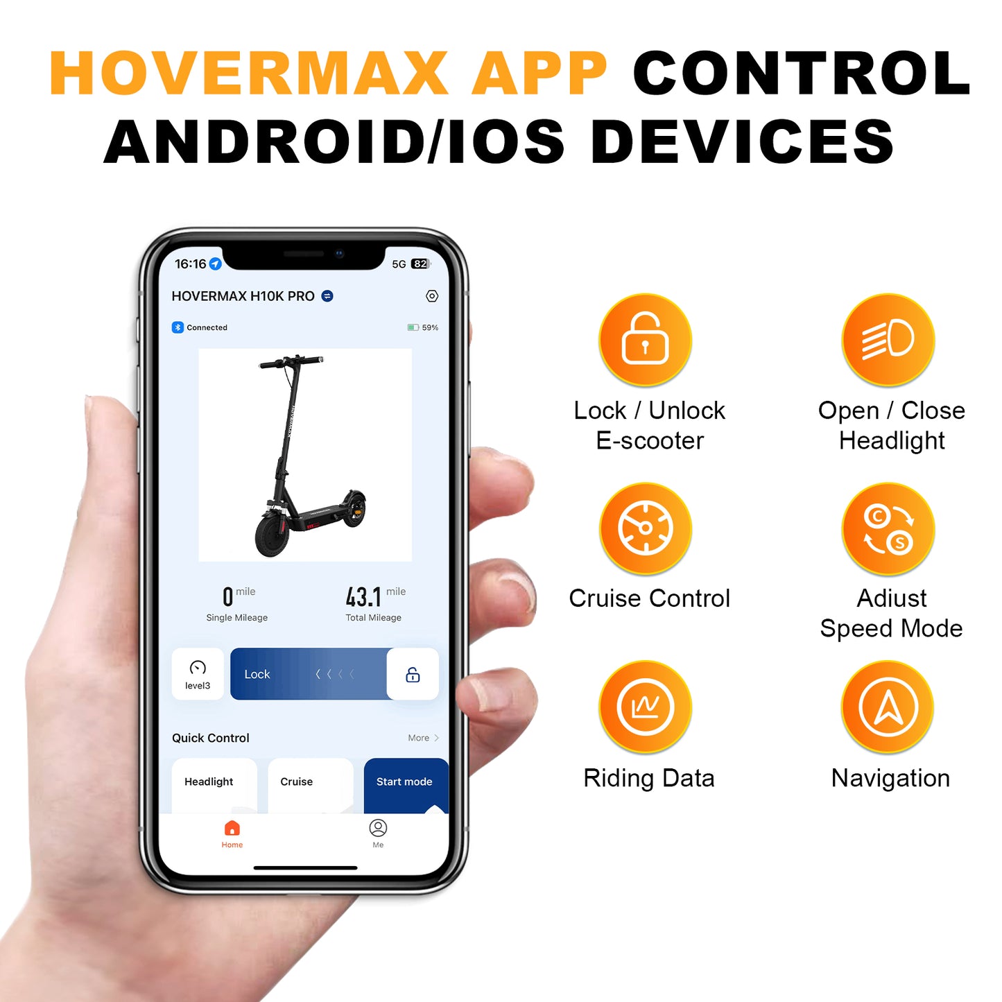Trottinette électrique HOVERMAX H10K PRO 500 W, 30 km/h, autonomie de 35 km, pneus pleins de 25 cm, pliable pour adultes