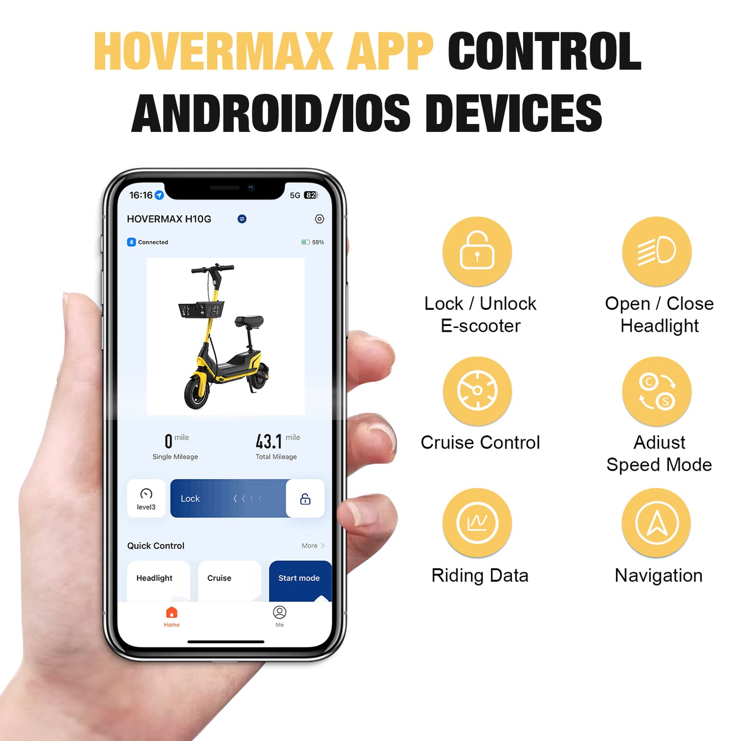 HOVERMAX H10G 500W Scooter électrique avec siège, 22 mi/h, 28 miles gamme, 10 "pneus, scooter de banlieue avec panier pour adultes