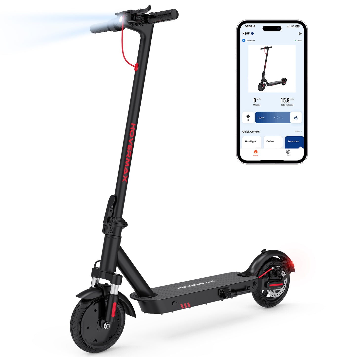 Trottinette électrique HOVERMAX H85F 350 W, 30 km/h, autonomie de 30 km, pneus pleins de 8, 5 pouces, pliable avec contrôle par application pour adultes