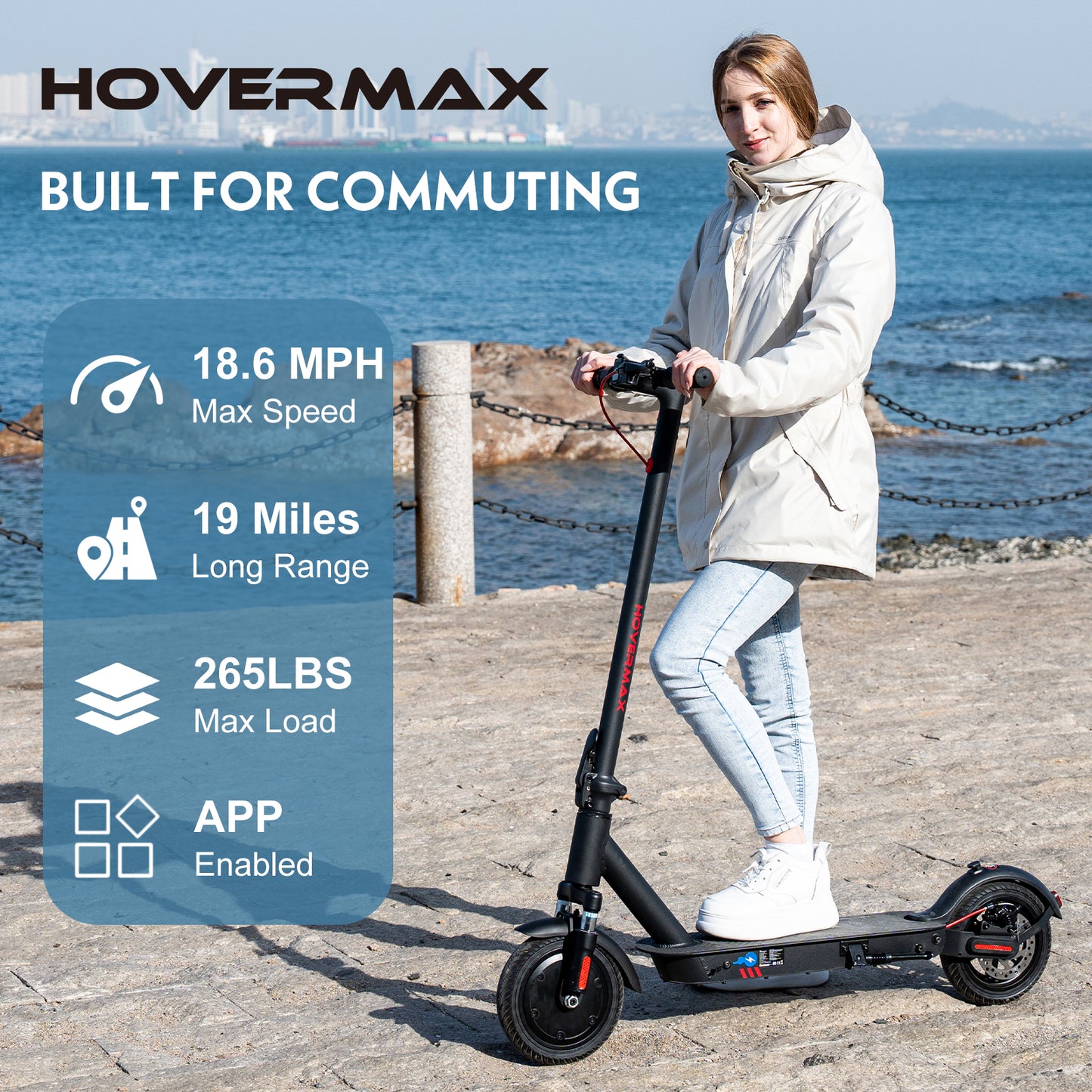 Trottinette électrique HOVERMAX H85F 350 W, 30 km/h, autonomie de 30 km, pneus pleins de 8, 5 pouces, pliable avec contrôle par application pour adultes
