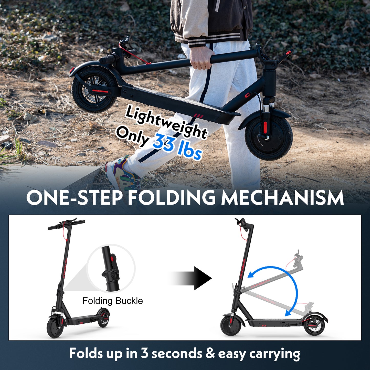 Trottinette électrique HOVERMAX H85F 350 W, 30 km/h, autonomie de 30 km, pneus pleins de 8, 5 pouces, pliable avec contrôle par application pour adultes