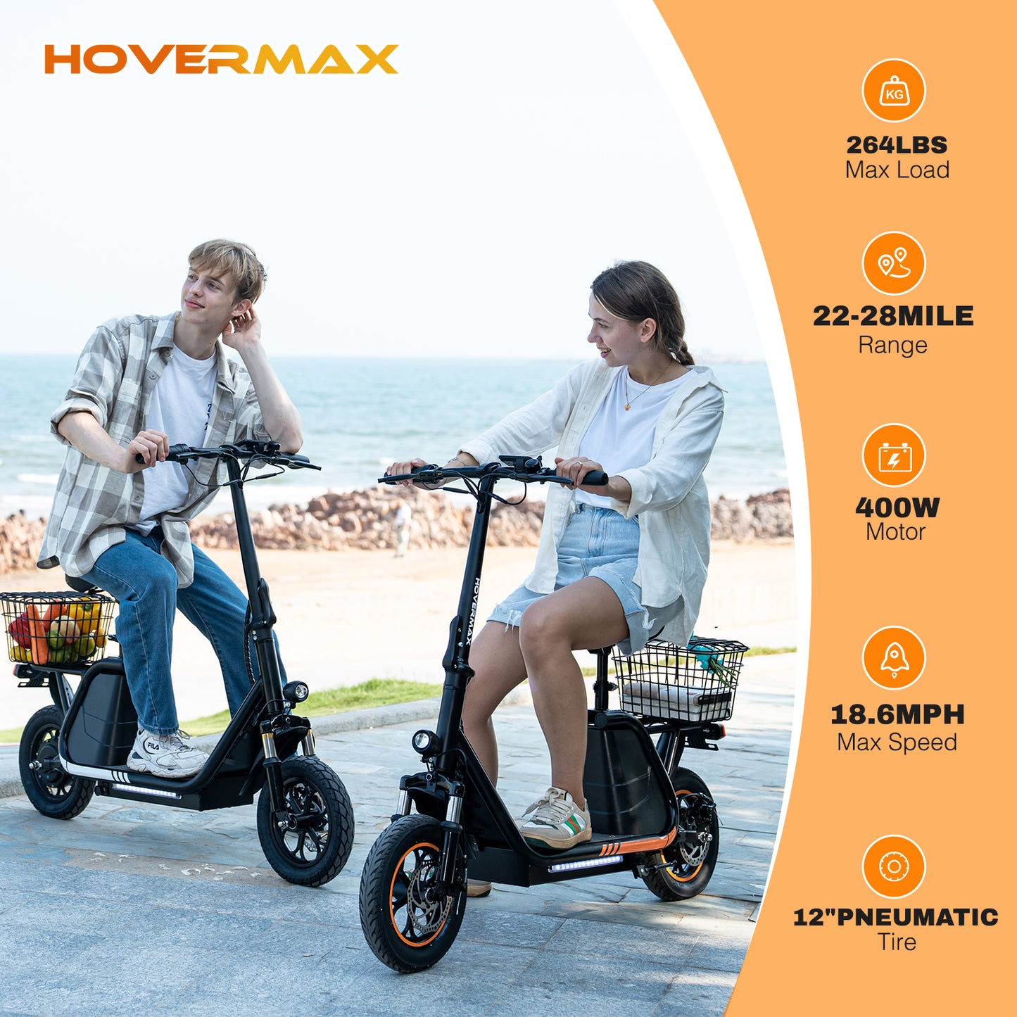 HOVERMAX Elektro roller mit Sitz für Erwachsene, 400W Motor bis 22 Meilen Reichweite &amp; 18,6 Mph, 12 "Pneumatischer Reifen faltbarer Roller mit Sitz und Trage korb